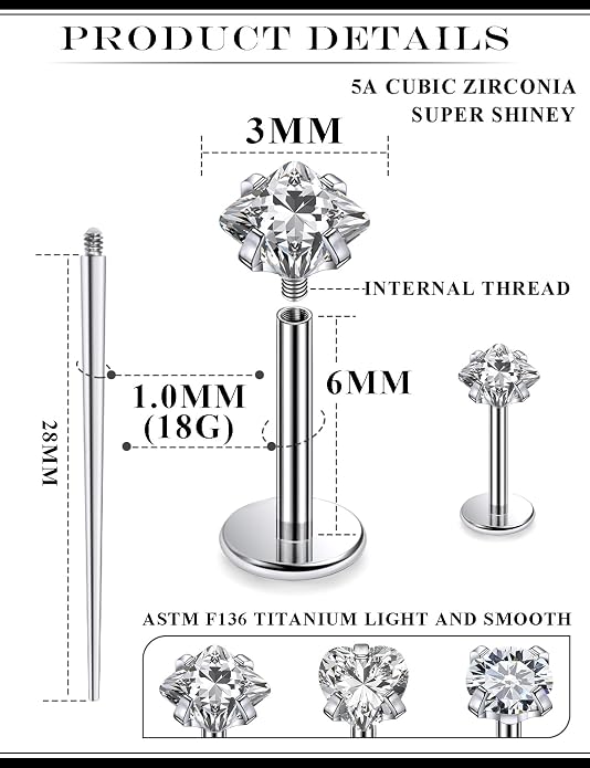 20G 18G 16G Astm F136 Titanium Internal Thread Flat Back Earrings Nose Studs Tragus Helix Conch Cartilage Lobe Earrings Medusa Labret Snake Bite Monroe Lip Ring Piercing Jewelry For Women Men