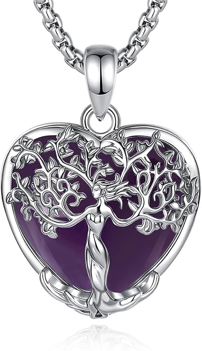 AEONSLOVE Tree of Life Necklace with Crystal for Women, Amethyst/Obsidian/Turquoise/Moonstone/Malachite Crystal Pendant Necklaces for Ladies