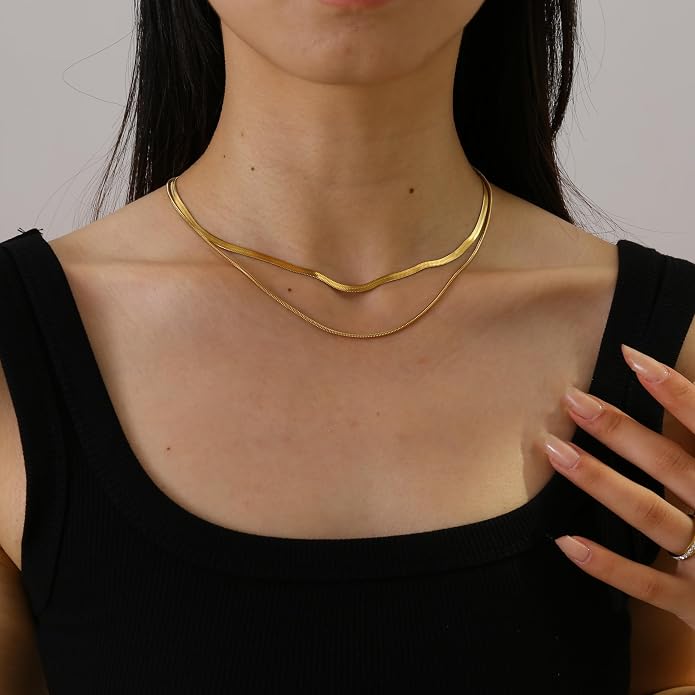 18K Gold Plated Layered Herringbone Necklaces for Women Dainty Layering Beaded Snake Chain Choker Moon Coin Pendant Necklace Trendy Stainless Steel Jewelry