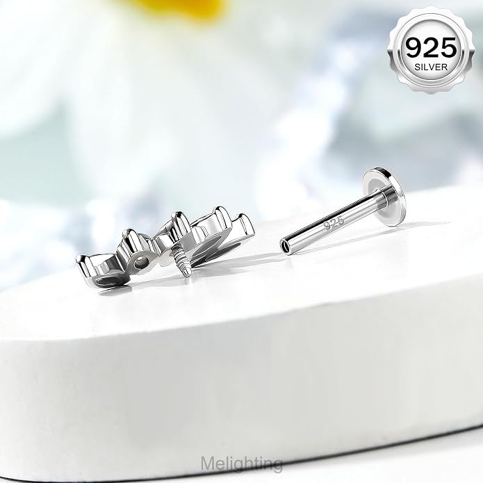 Melighting 16G Curved Helix Earring, Sterling Silver 925 Tragus Conch Stud Internally Threaded, Clear Marquise Round CZ Flat Back Lobe Labret Cartilage Piercing Jewelry for Women 6/8 mm
