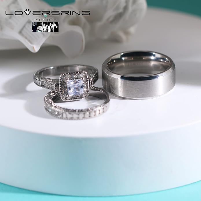 Couple Ring Bridal Set His Hers Women 10k White Gold Filled AAA Cz Men Stainless Steel Wedding Ring Band Set