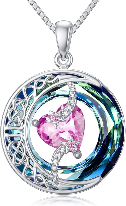 TOUPOP Birthstone Necklace 925 Sterling Silver Moon and Star Pendant Celtic Moon Jewelry with Blue Crystal Anniversary Birthday Gifts for Women Mom Wife Her