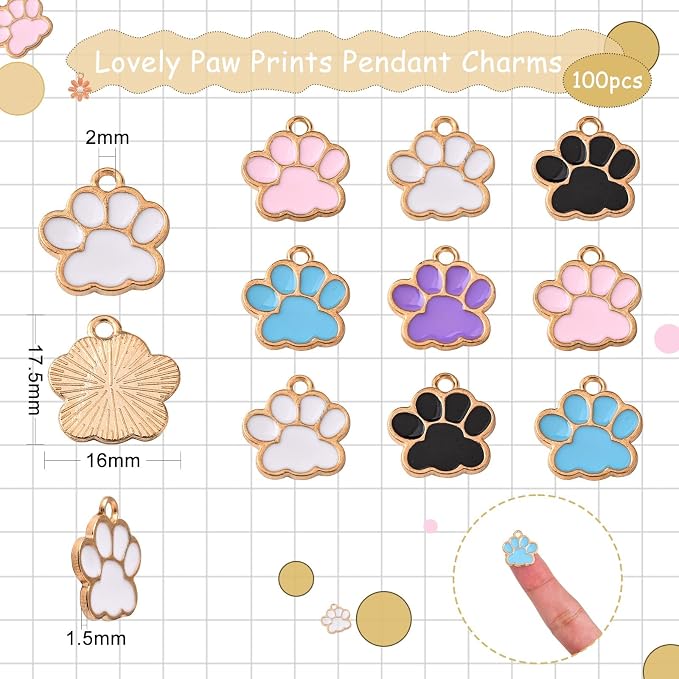 DanLingJewelry 100pcs Random Colors Dog Cat Paw Print Charms Enamel Puppy Kitten Paw Print Pendants with Loop for DIY Jewelry Making