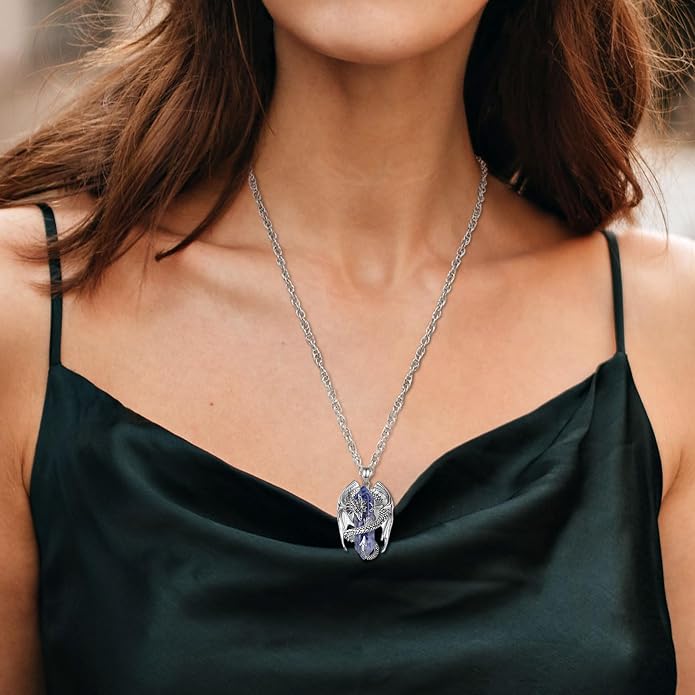 INFUSEU Unique Dragon Necklaces with Healing Crystal Stone for Men Women, Personalized Spiritual Gifts, 24 Inch Chain
