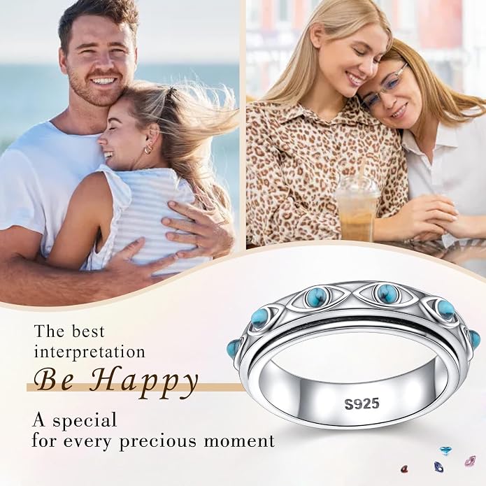 Ladytree Evil Eye Fidget Spinner Ring for Women 925 Sterling Silver Anxiety Relief Jewelry with Created Turquoise Stress Relief Gift