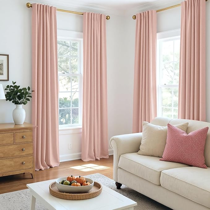 INOVADAY 100% Blackout Curtains 96 Inches Length 2 Panels Set, Back Tab/Rod Pocket Linen Black Out Curtains for Bedroom, Thermal Insulated Window Drapes - Blush Pink, W50 X L96