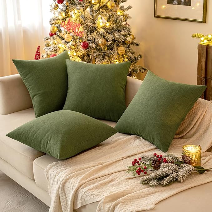 MIULEE Pack of 2 Decorative Outdoor Solid Waterproof Throw Pillow Covers Faux Linen Garden Farmhouse Cushion Cases for Patio Tent Balcony Couch Sofa 20x20 Inch Dark Green