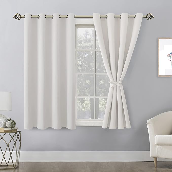 Hiasan Blackout Curtains for Bedroom, 52 x 54 Inches Long - Thermal Insulated & Light Blocking Window Curtains for Living Room/Kids Room, 2 Drape Panels Sewn with Tiebacks, Ivory