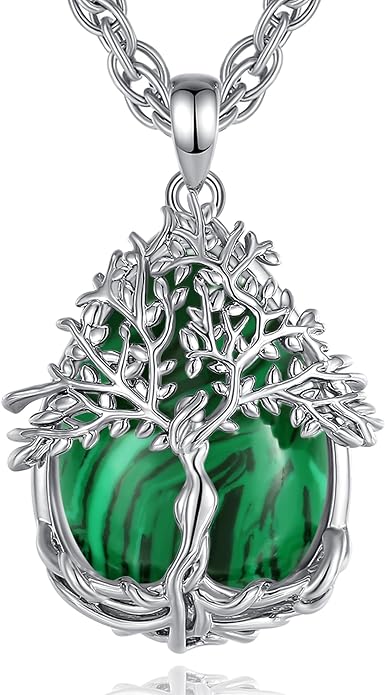 Vito Tree of Life Necklace for Women Men, Silver Plated Copper Teardrop Moonstone/Obsidian/Turquoise/Amethyst/Malachite Crystal Tree Necklace Protection Energy Amulet Jewelry Gift for Mom Wife, 20+2"