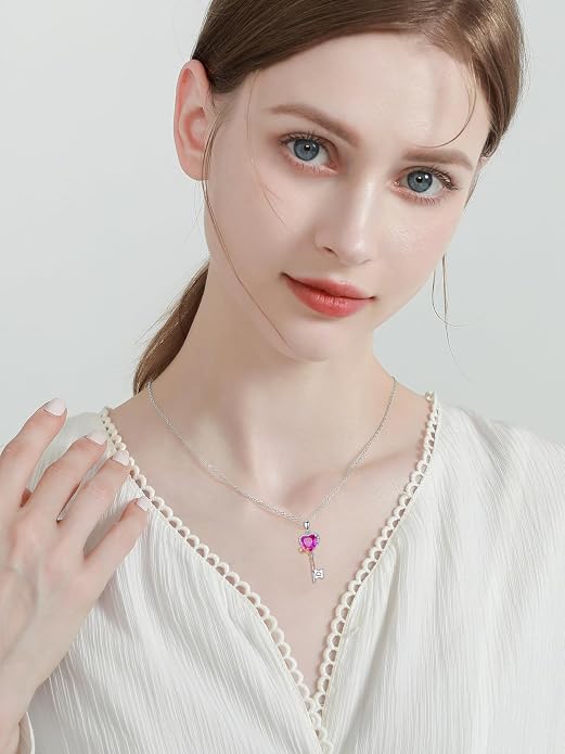 OCJ Zodiac Necklace for Women 925 Sterling Silver Rose Flower Key Pendant Necklaces Zodiac Birthstone Jewelry Wife Birthday Anniversary Christmas Gifts for Her