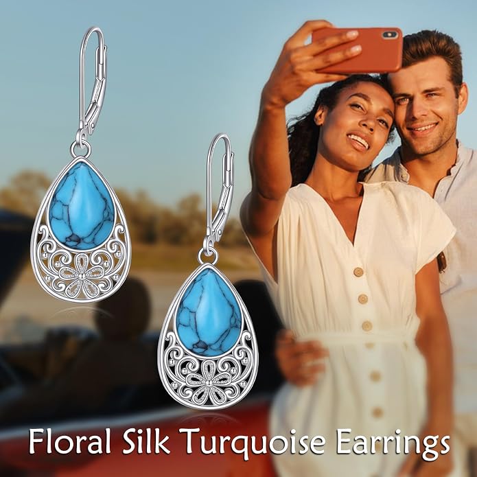 AOBOCO Teardrop Dangle Earrings for Women 925 Sterling Silver Moonstone Flower Filigree Leverback Jewelry Birthday