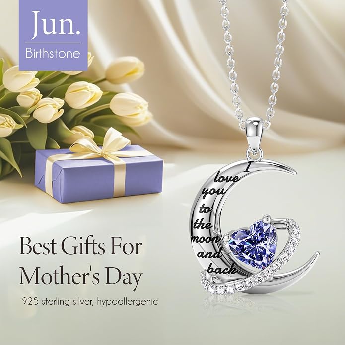 Distance I Love You to The Moon and Back Necklace for Women, S925 Sterling Silver Forever Love Heart Birthstone Necklace, Anniversary Birthday Jewelry for Wife Lover