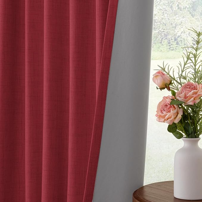 INOVADAY 100% Blackout Curtains for Bedroom, Ruby Red Black Out Curtains 96 Inch Long, Clip Rings Linen Blackout Drapes, Thermal Insulated Room Darkening for Living Room, 2 Panels - W50xL96