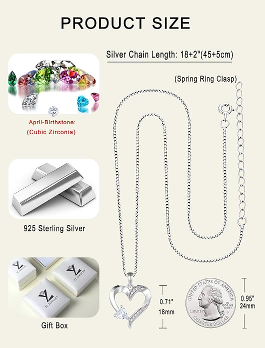 YL Heart Necklace 925 Sterling Silver Love Heart Pendant Birthstone Jewelry for Women