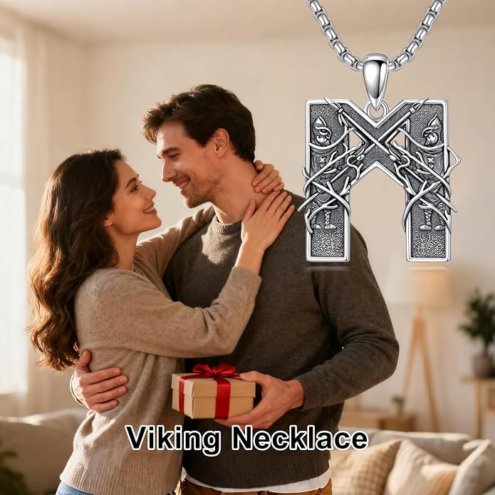 Viking Necklace 925 Sterling Silver Viking Rune Letter Pendant Norse Jewelry Gifts for Men Father