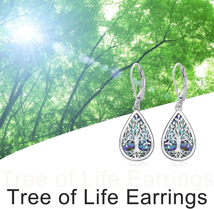 Odinstone 925 Sterling Silver Earrings Tree of Life Teardrop Moonstone Dangle Drop Leverback Earrings for Women