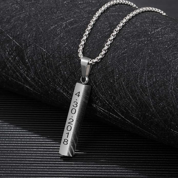 Personalized Men's Name Bar Necklace Engraved Initial Name Stainless Steel Vertical Bar Necklace for Father Husband Boyfriend Birthday