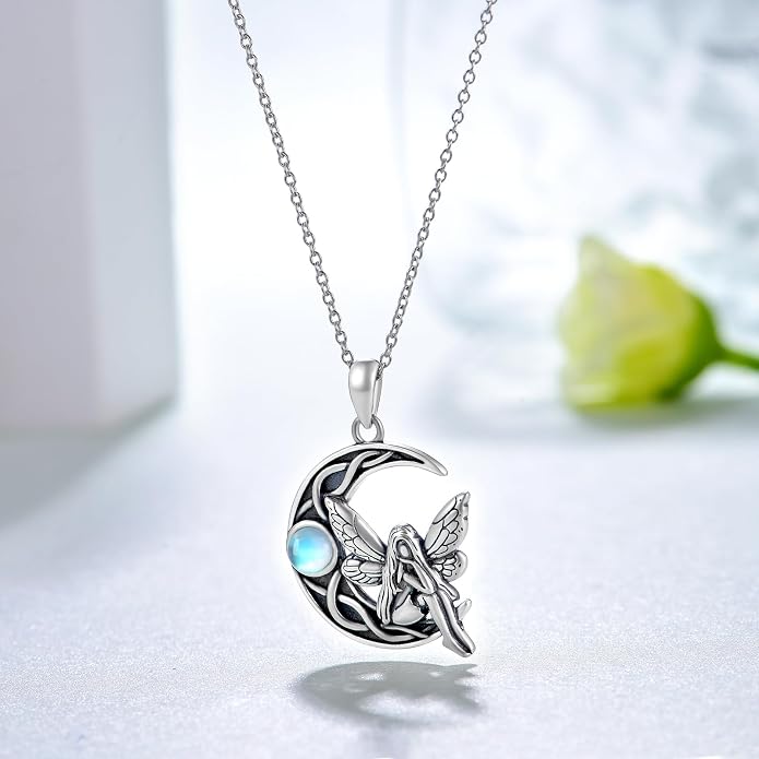 Dragon/Fairy Necklace 925 Sterling Silver Moonstone Crescent Moon Necklace Birthday Gifts for Women