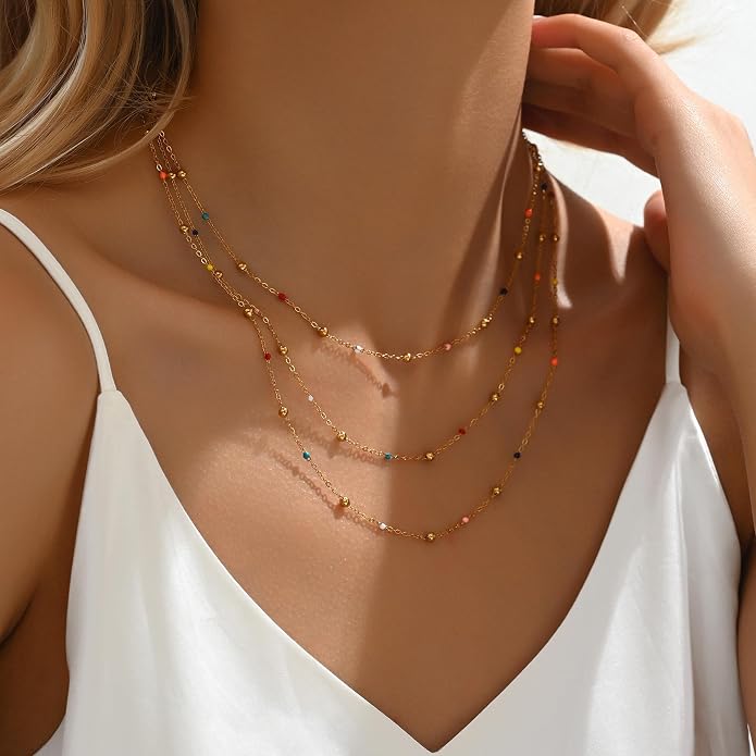 NONAMOIS Gold Chain Necklace for Women Dainty 18K Gold Plated Thin Satellite Beaded Turquoise Necklace Simple Layered Boho Jewelry Christmas Gifts