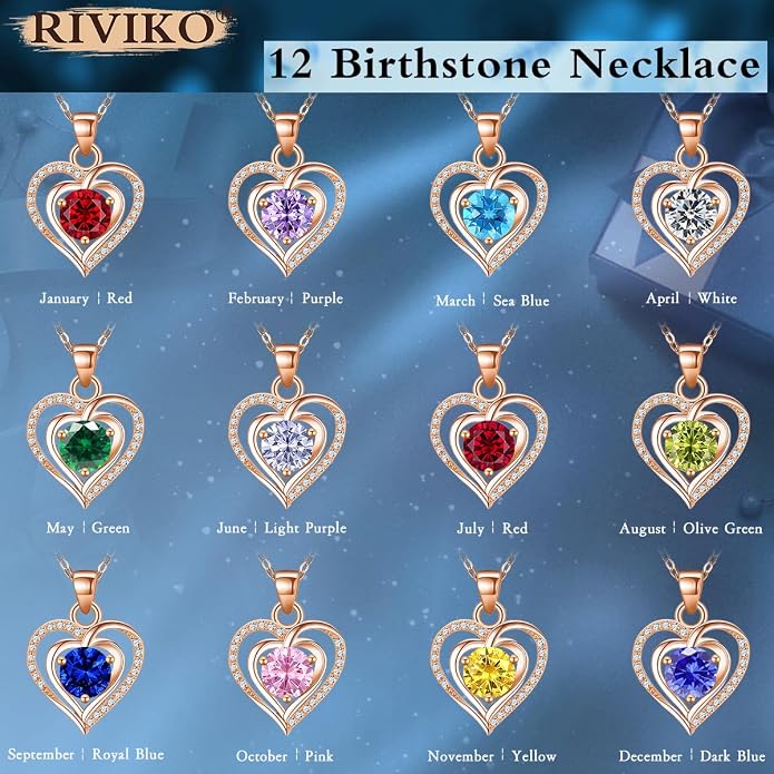 RIVIKO Heart Birthstone Pendant Necklace for Women 925 Sterling Silver Zirconia Necklaces Valentine's Day Anniversary Birthday Mothers Day Jewelry Gifts For Her Mother Wife