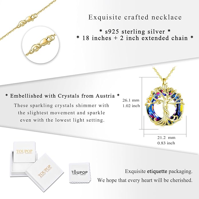 TOUPOP Tree of Life Necklace Gifts for Women 925 Sterling Silver Family Tree Pendant with Crystal Birthday Irish Jewelry Gifts for Women Her Wife Mom