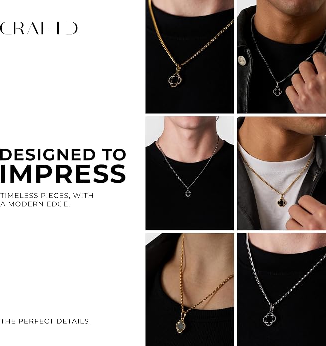 CRAFTD - Black Onyx Clover Stone Pendant Necklace - A Symbol of Luck - 20.5" (2mm) Cuban Link Chain - Mens Jewlery - Hypoallergenic - Waterproof, Heat & Sweat Resistant
