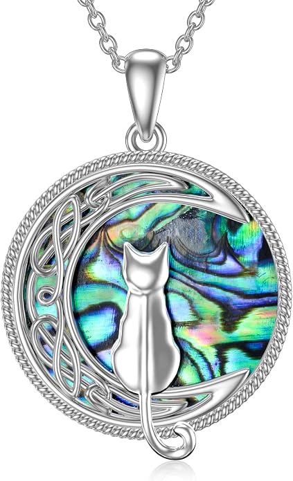TOUPOP Cat Necklace Sterling Silver Abalone Shell Celtic Cat on the Moon with Abalone Shell Birthday Christmas Jewelry Gifts for Women