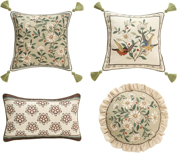 ISAENNE Designer Elegant Linen Throw Pillow Cover,Set of 4-Brune Set | French Cottage Pillow Cover,Concealed Zipper,Floral Pattern,Sofas,Bedroom,Living Room,Lounge Chairs,All Season Home Decor