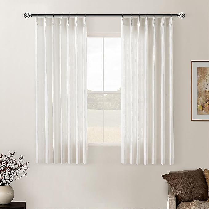 Natural Pinch Pleated Linen Semi Sheer Curtains 54 Inch Length 2 Panels | for Dining Room Bedroom, Memory Training Shaped, Pinch Pleat Drapes with Hooks Rings, Light Filtering Window Curtain 40x54