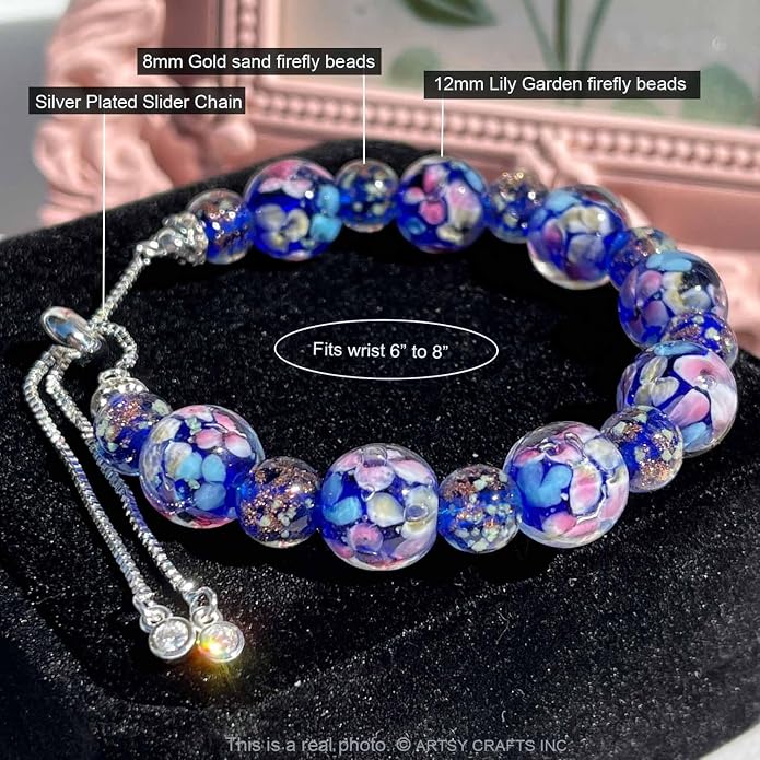 ARTSY Crafts Lily Garden Glow in the Dark Firefly Bead Bracelets Necklaces, Handmade in USA Murano Glass Jewelry, Flower Luminous Beads Mermaid Crystal Bracelet Bangle