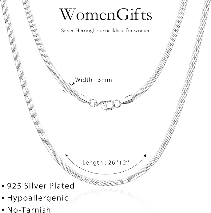 WomenGifts 14K Gold Silver Plated Herringbone Necklace for Women, Dainty Snake Chain Choker, Trendy Simple Long Layered Jewelry Non Tarnish, 3/4/5/8mm,14,16,18,20,22,24,26 Inch Thin & Chunky Options