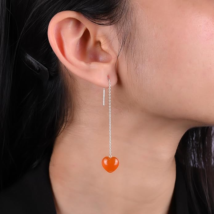 Gemstone Heart Shaped Threader Earrings in 925 Sterling Silver, Pull Through Adjustable, Versatile & Trendy, Perfect Valentine's Gift for Women, Choice of Gemstone Available