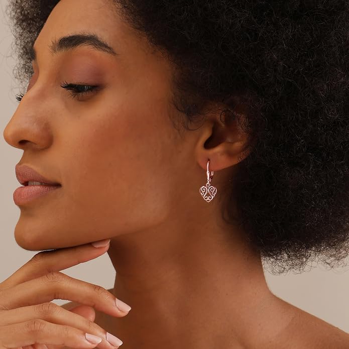 Charmsy 925 Sterling Silver Filigree Earrings for Women | Lightweight Diamond-Cut Openwork Leverback Dangle Earrings | Romantic Jewelry Gifts for Women