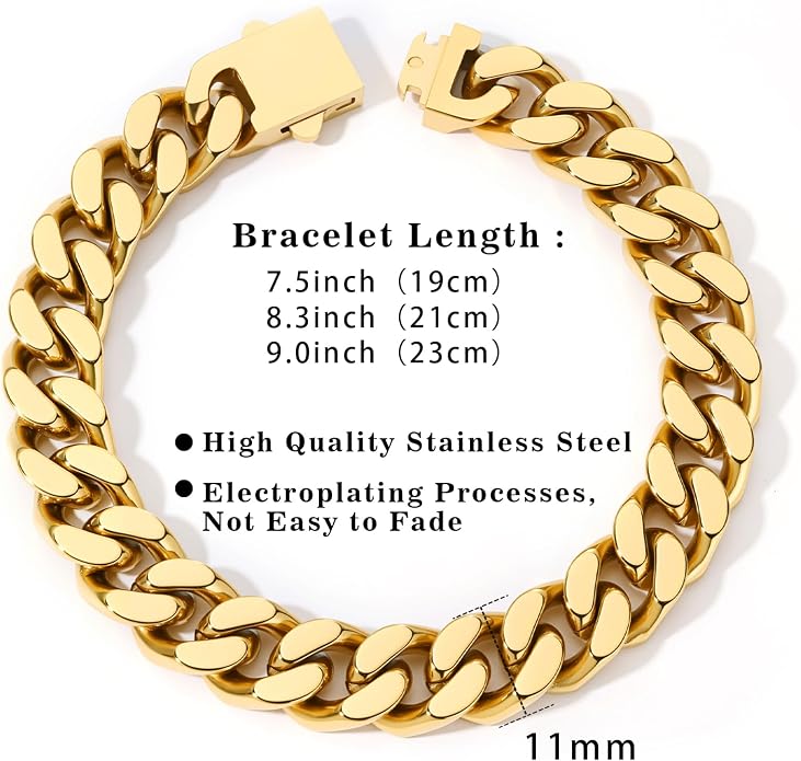 Stainless Steel Cuban Link Bracelet for Men - Gold/Silver Plated Miami Curb Chains Bracelet - Cuban Hand Chain Wrist Bracelet Hip Hop Jewelry, 9mm/11mm Width, 7.5"/8.3"/9"