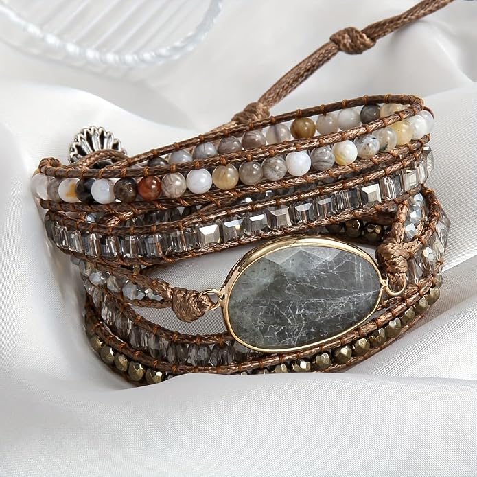 Women Wrap Bracelet Boho Natural Jasper Crystal Stone Beads Strand Bracelets