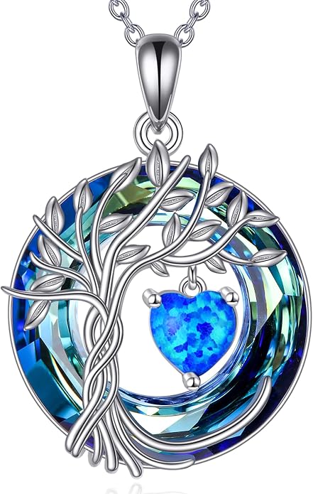 POPLYKE Mothers Day Gifts for Mom Her Wife Tree of Life Necklace 925 Sterling Silver Birthstone Pendant with Crystal Anniversary Birthday Wedding Jewelry for Women