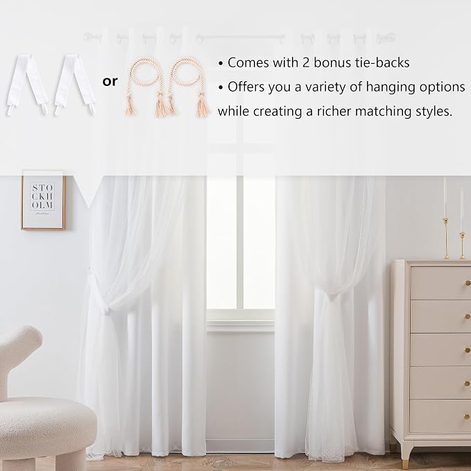 MYSKY HOME White Curtains for Girls Bedroom & Nursery Kids Cute 90 Inch Curtains Double Layer with Polka Dots Sheer, Grommet Tops, 52" Wide Each Panel, 2 Panels