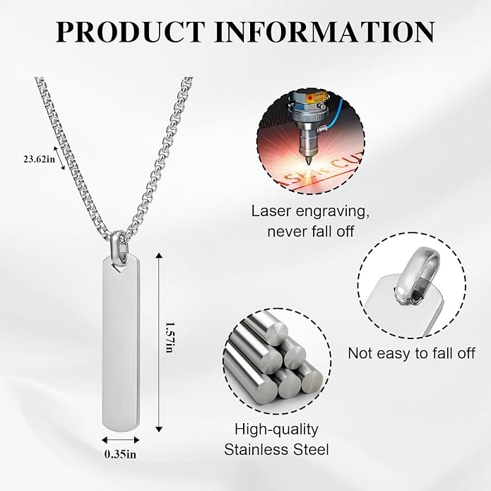 Fathers Day Personalized Vertical Bar Pendant Necklace - Custom Name Text Necklace Customized Stainless Steel Memorial Necklace Dad Gifts for Men