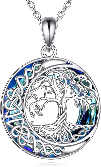 POPLYKE Tree of Life Necklace for Women Sterling Silver Celtic Knot Family Tree With Blue/Purple/Volcano Crystal Irish Gifts for Mom Wife Birthday Christmas