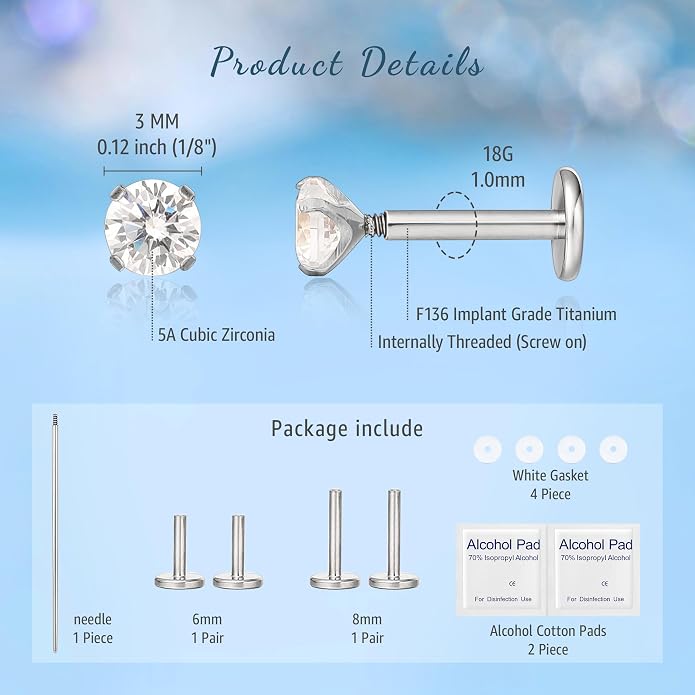 Limerencia 2Pcs 18g Titanium Internally Threaded Tragus Piercing Jewelry Nose Studs Flat Back Earrings Labret, Lip, Helix, Cartilage, Conch, Medusa Piercing for Women Men Sensitive Ears