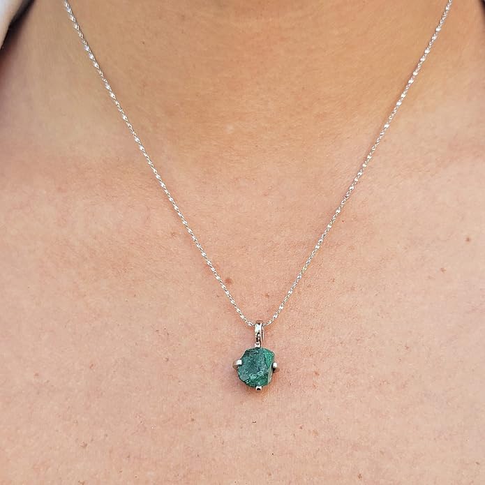 Natural raw gemstone pendant chain necklace with white gold over 925 solid sterling silver, birthstone dainty solitaire gift for her, uniquelan jewelry