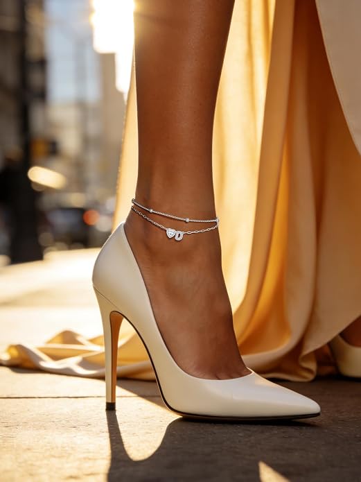 Bestyle Initial Anklet Bracelets for Women Waterproof Non Tarnish 14K Gold/White Gold Plated CZ Anklets for Women Dainty Layered Letter Heart Ankle Bracelets Adjustable Foot Chain Anklet