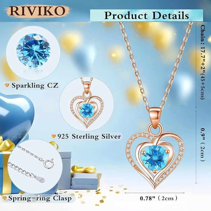RIVIKO Heart Birthstone Pendant Necklace for Women 925 Sterling Silver Zirconia Necklaces Valentine's Day Anniversary Birthday Mothers Day Jewelry Gifts For Her Mother Wife