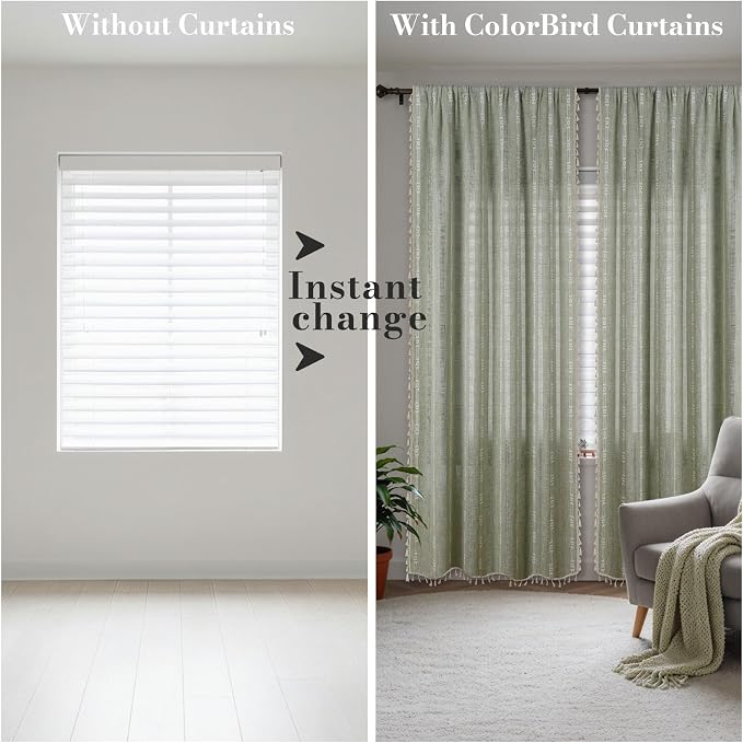 ColorBird Sage Green Boho Curtains Linen-Textured for Living Room Bedroom Light Filtering 84 Inches Farmhouse Whimsical Decor Embroidered Striped for Nursery Door Dining Room Window Treatments