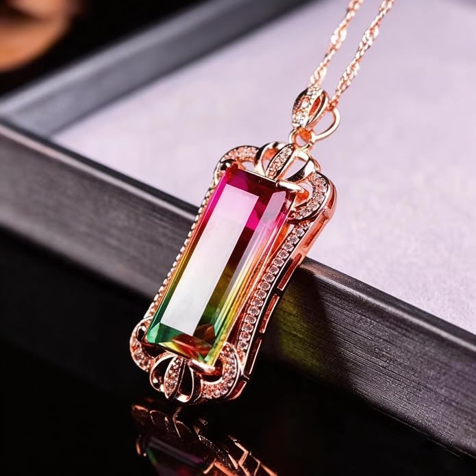Rainbow Tourmaline Pendant Necklace, Multicolor Gemstone, Rose Gold-Tone Setting, Personalized Jewelry Gift