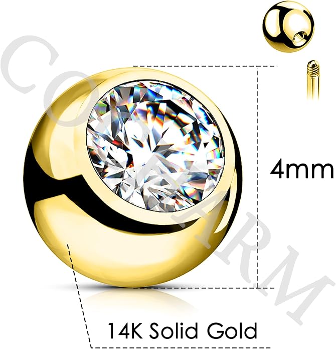 COCHARM Real Solid Gold Belly Button Ring Top Ball 4mm Belly Ring Navel Ring Top Ball 14K
