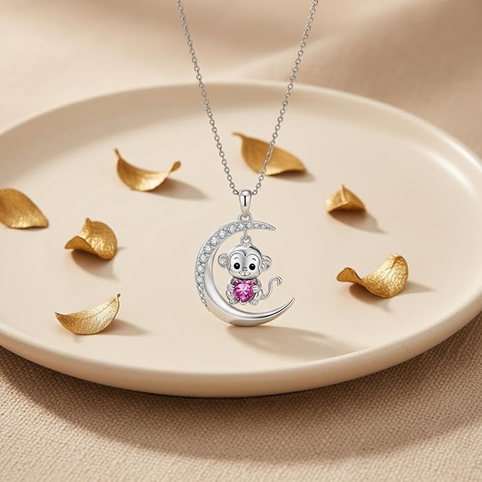 PROESS Animal Birthstone Necklace 925 Sterling Silver Otter/Axolotl/Hippo/Elephant/Dachshund/Monkey/Red Panda Pendant Necklace Animal Birthstone Jewelry Gifts for Women
