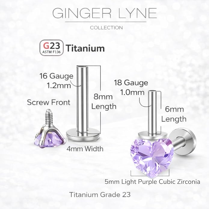 Titanium Heart CZ Labret Stud Earrings for Piercings by Ginger Lyne 6Pc Set G23 Screw Front Flat Back Body Jewelry 2 pair post 6mm, 8mm Cartilage, Helix, Tragus, Lip, Conch, Lobe