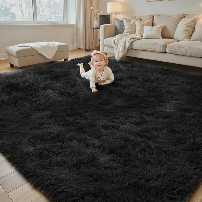 Rugs for Living Room 5x8, Alfombras para Salas Shag Large Plush Soft Area Rug, Shaggy Carpets for Bedroom,Boys Girls Home Decor Aesthetic(Black, 5 x 8 Feet)