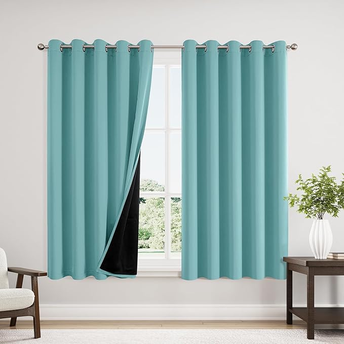 ChrisDowa 100% Blackout Curtains for Bedroom 63 Inches Long 2 Panels Set | 2 Thick Layers, Thermal Insulated, Light Blocking, Grommet, Window Treatment, Living Room Drapes, Aqua, 60 x 63 Inch